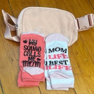 Pink Luluemon Belt Bag with Coral & White 'Mom' Socks